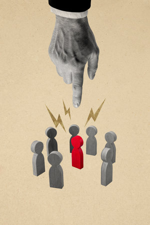 Vertical photo collage of hand point people figurine red bossy human speaker meeting interview work project isolated on painted backgroundの写真素材