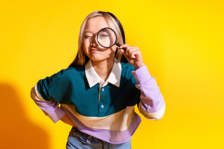 Photo of intelligent korean girl with dyed hairstyle dressed turquoise shirt look in magnifire isolated on vivid yellow color backgroundの写真素材