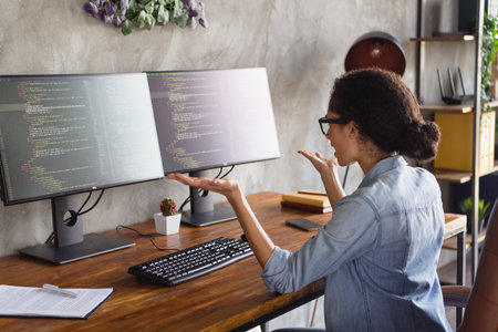 Profile photo of young girl professional hacker sit chair raise hands loft interior modern office...