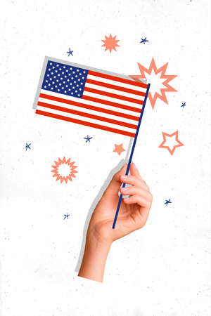 Poster banner advert collage of person hold american flag on independence flag white backgroundの写真素材