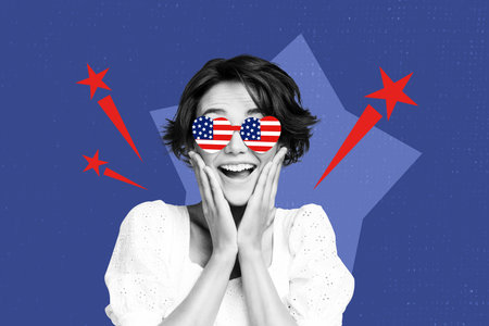 Creative poster collage abstract of amazed girl wear american flag specs celebrate 4th july