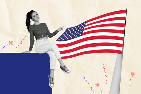 Creative poster collage image of girl sit point american flag for independence day on pastel color backgroundの写真素材