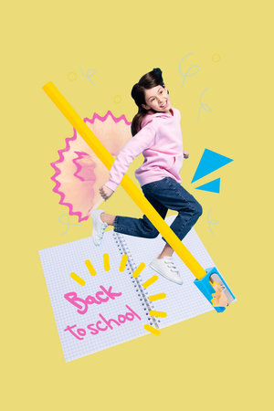 Vertical photo collage of happy schoolgirl run notepad hold big pencil sharpener tool school supplies study isolated on painted background