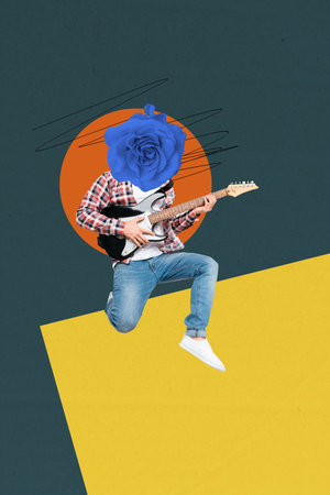 Trend artwork composite sketch image photo collage of young man model posing hand hold guitar play music instrument author headless flowerの写真素材