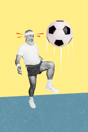 Vertical photo collage of old sportsman football player punch ball soccer game activity league...