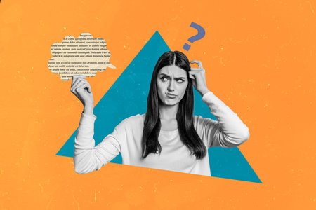 Composite photo collage of doubtful girl hold text cloud box communication correspondence question sign isolated on painted backgroundの写真素材