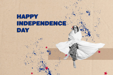 Creative poster banner artwork collage of girl covered blanket celebrate independence day on pastel color backgroundの写真素材