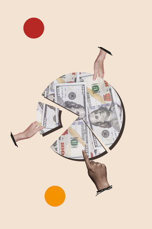 Creative trend collage of hands hold diagram teamwork earning money achievements aim trading...