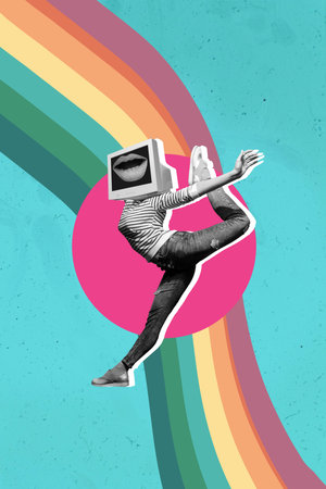 Vertical composite artwork collage image of black white colors girl screen instead head jump isolated on creative backgroundの写真素材
