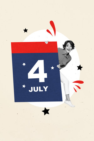 Photo cartoon comics sketch collage picture of excited lady planning 4th july celebration isolated graphical backgroundの写真素材