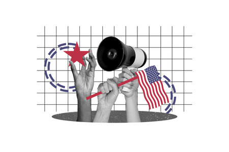 Composite collage image of hands hold megaphone national independence america day fourth july concept weird freak bizarre unusual fantasyの写真素材