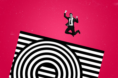 Composite collage picture image of striped surrealism art winning jump businessman unusual fantasy...