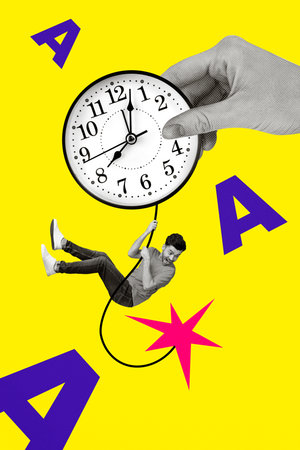 Sketch image composite trend artwork 3D photo collage of time run deadline huge wall clock young man...