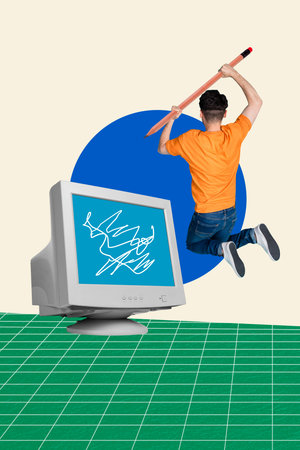 Creative abstract template collage of funny man tv monitor jump hold pencil write freak bizarre...