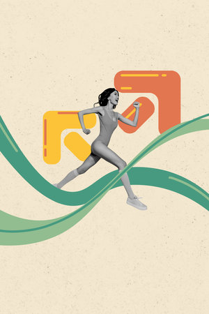 Creative trend collage of running fast female training exercise practicing workout concept weird bizarre unusual fantasy billboardの写真素材