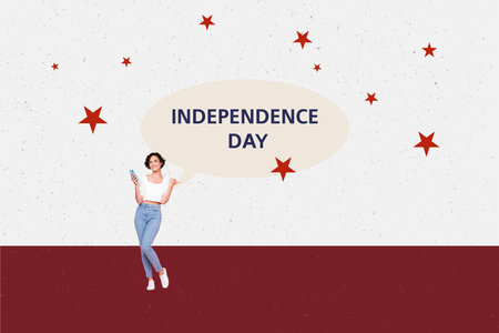 Creative abstract template collage of funny girl hold gadget celebrating 4th july usa independence day unusual fantasy billboard comicsの写真素材