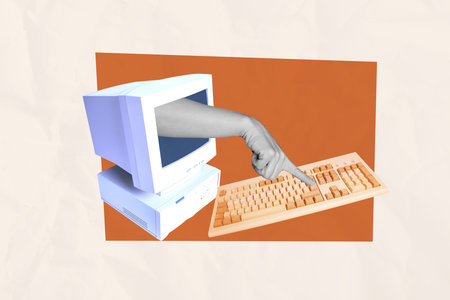 Composite collage picture image of computer monitor finger typing keyboard weird freak bizarre...