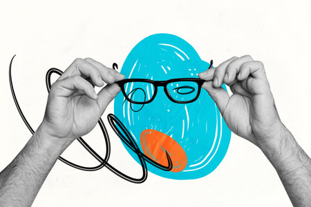 Creative collage picture human hands body fragments eyewear glasses nerd drawing colorful face mouth absurd bizarre weird conceptの写真素材