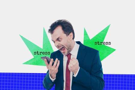 Composite trend artwork sketch image 3D photo collage of young angry crazy man bossy boss show gesture hand hold phone call talkの写真素材