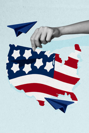 Creative abstract template collage of hand hold america celebrating 4th july usa independence day freak bizarre unusual fantasy billboardの写真素材