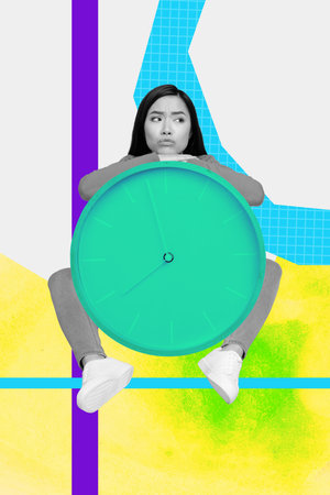 Sketch image composite trend collage of young lady ill anxiety apathy therapy treatment sit hold in...