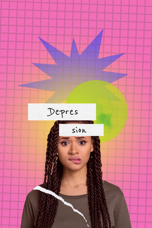 Trend artwork composite sketch image photo collage of young woman confused upset face bad mood...