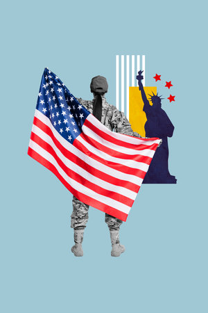 Creative abstract template collage of female soldier hold flag celebrating 4th july usa independence day unusual fantasy billboard comicsの写真素材
