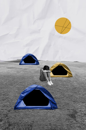 Creative collage of sad female live tend refugee war ukrainian colors bizarre unusual fantasy billboard comicsの写真素材