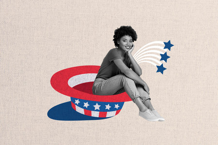 Composite photo collage of happy american girl sit usa symbolic hat election agitation advertise citizen isolated on painted backgroundの写真素材