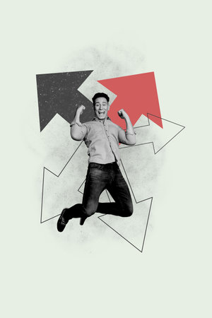 Creative trend collage of excited man jump raise fists arrow point entrepreneur company successful weird bizarre unusual fantasy billboardの写真素材