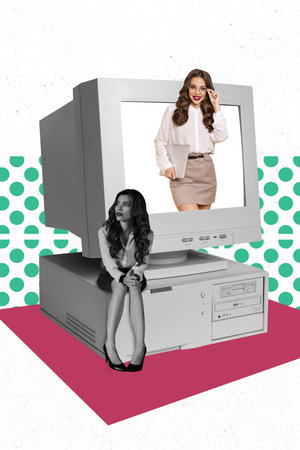 Creative trend collage of young female retro computer screen social media fake happy representation...