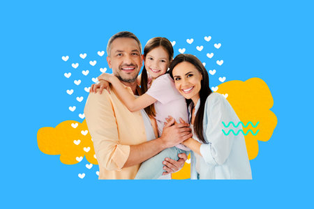 Creative collage young happy carefree family hug embrace each other smile positive mood child little daughter parentship adoptionの写真素材