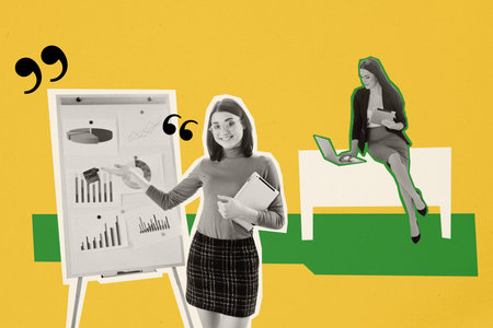 Trend artwork sketch image composite collage of silhouette young two woman colleagues do project show resul whiteboard presentationの写真素材