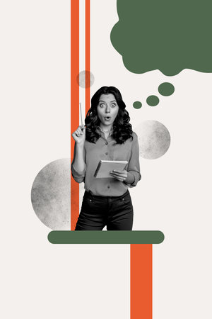 Vertical photo collage of astonished businesswoman hold notepad planner pencil find idea thought decision isolated on painted backgroundの写真素材