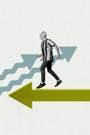 Vertical photo collage of old man pensioner run promotion arrow career development diagram progress...