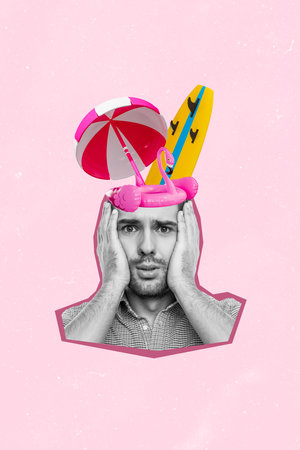 Vertical photo collage of upset guy forget sea vacation equipment lifebuoy parasol surfboard failure panic isolated on painted backgroundの写真素材