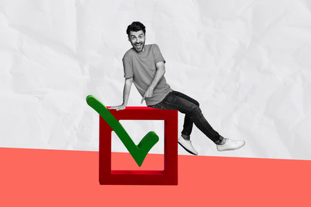 Composite trend artwork sketch image photo collage of young man sit huge box test form checkmark ok okay choose gesture finger pointの写真素材