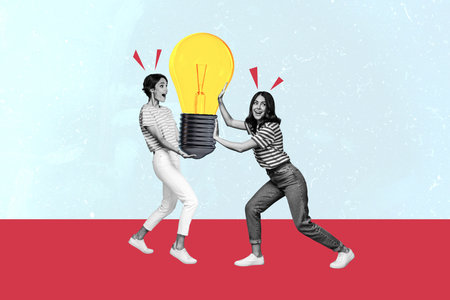 Composite photo collage of two excited girls hold big light bulb idea concept business partners led diode isolated on painted backgroundの写真素材