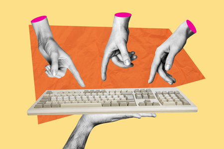 Trend artwork sketch image composite collage of monochrome hand appear hold keyboard write finger touch button press author journalismの写真素材