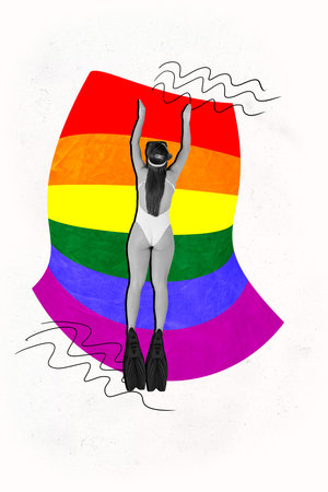 Vertical photo collage of sexy girl dive summer vacation scuba rainbow lgbt sign tolerance propaganda isolated on painted backgroundの写真素材