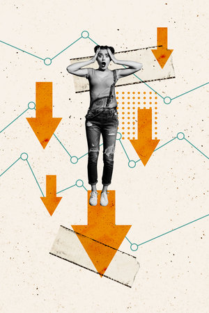 Collage image poster of shocked beautiful woman lost business hand head isolated on drawing backgroundの写真素材