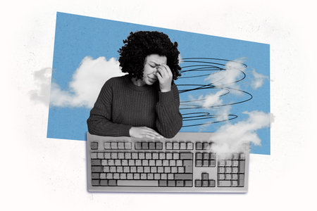 Creative collage young woman sit sad depressed burnout migraine headache suffer pain office worker...