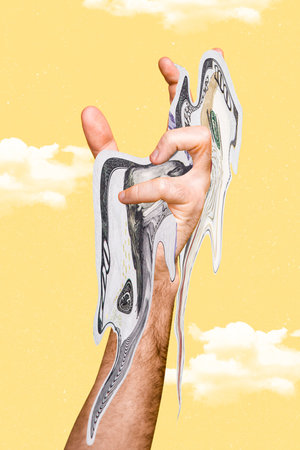 Trend artwork sketch image composite 3D photo collage of business graphics trader earnings cash hand hold melting dollar stats lose crisisの写真素材