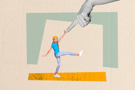 Composite collage picture image of funny little girl high five big hand finger bizarre unusual fantasy billboard comicsの写真素材