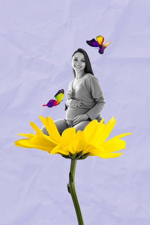 Trend artwork sketch image collage of young age lady hand hold pregnant stomach tummy smile love...