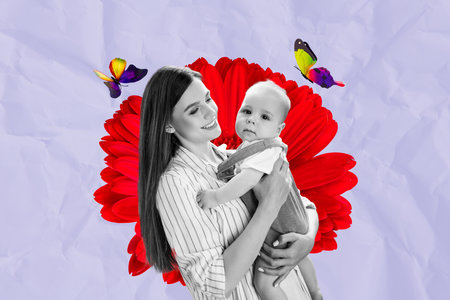 Trend artwork sketch image collage of young age lady hand hold small baby child happy smile love motherhood parent butterfly spring flowerの写真素材