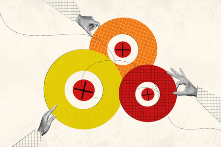 Composite photo collage of hands hold diagram business statistics restaurant plate dish meal nutrition isolated on painted backgroundの写真素材