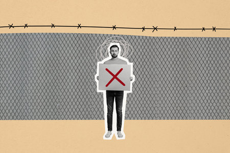 Composite photo collage of dissatisfied guy hold poster sign prohibition jail prison punishment forbidden isolated on painted backgroundの写真素材