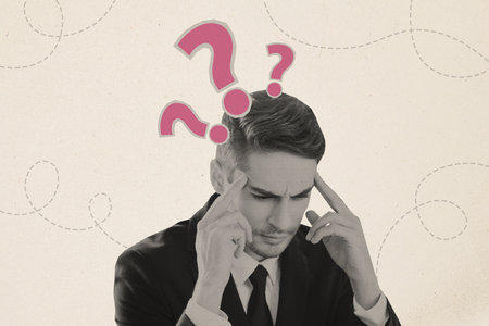 Sketch image trend artwork composite collage of young man hold fingers hand on temples think solve puzzle ask question find answerの写真素材