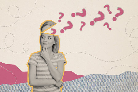 Trend artwork composite sketch collage of silhouette young lady thoughtful look half head open ask question need answer solve puzzle ideaの写真素材